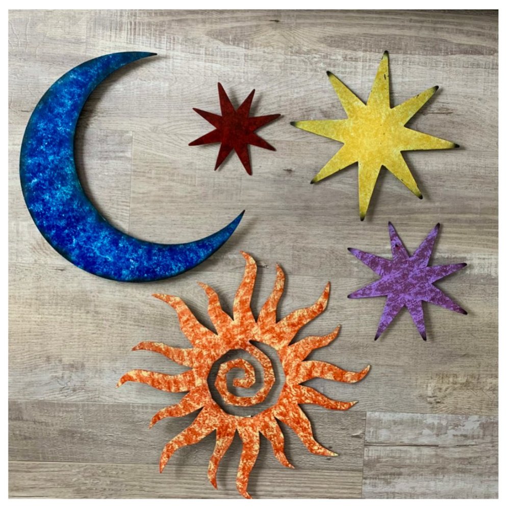 Sun Moon Stars Boho Metal Wall Art - 5 Pc Hand-Made Whimsical Wall Decor Kids 3D